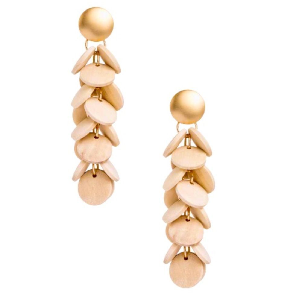 Gold Fringe Wooden Beads Long Drop Statement Earrings